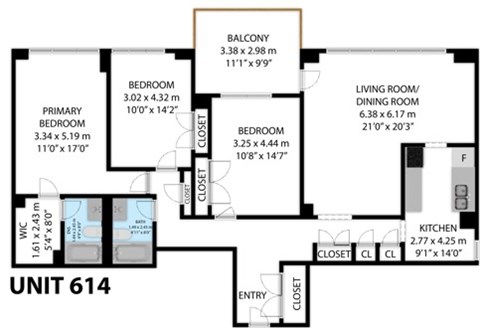 Floor plan for 3 beds, 2 baths, 1500 sqft